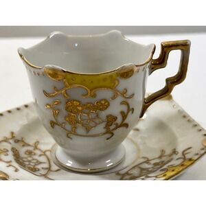 Vintage Miniature Hand Painted Floral Gold Trim Teacup‎ and Saucer Set